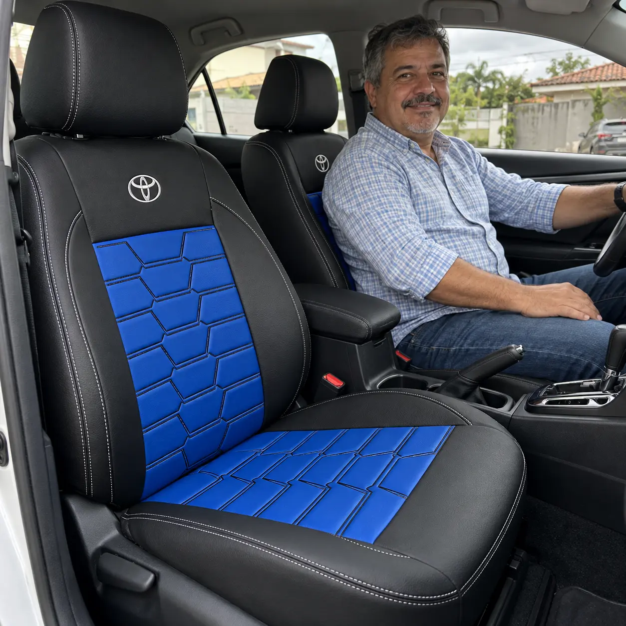 Motorista de camisa xadrez sorrindo ao volante do Toyota Corolla com capas Tron pretas com detalhes em azul royal e logo Toyota bordada