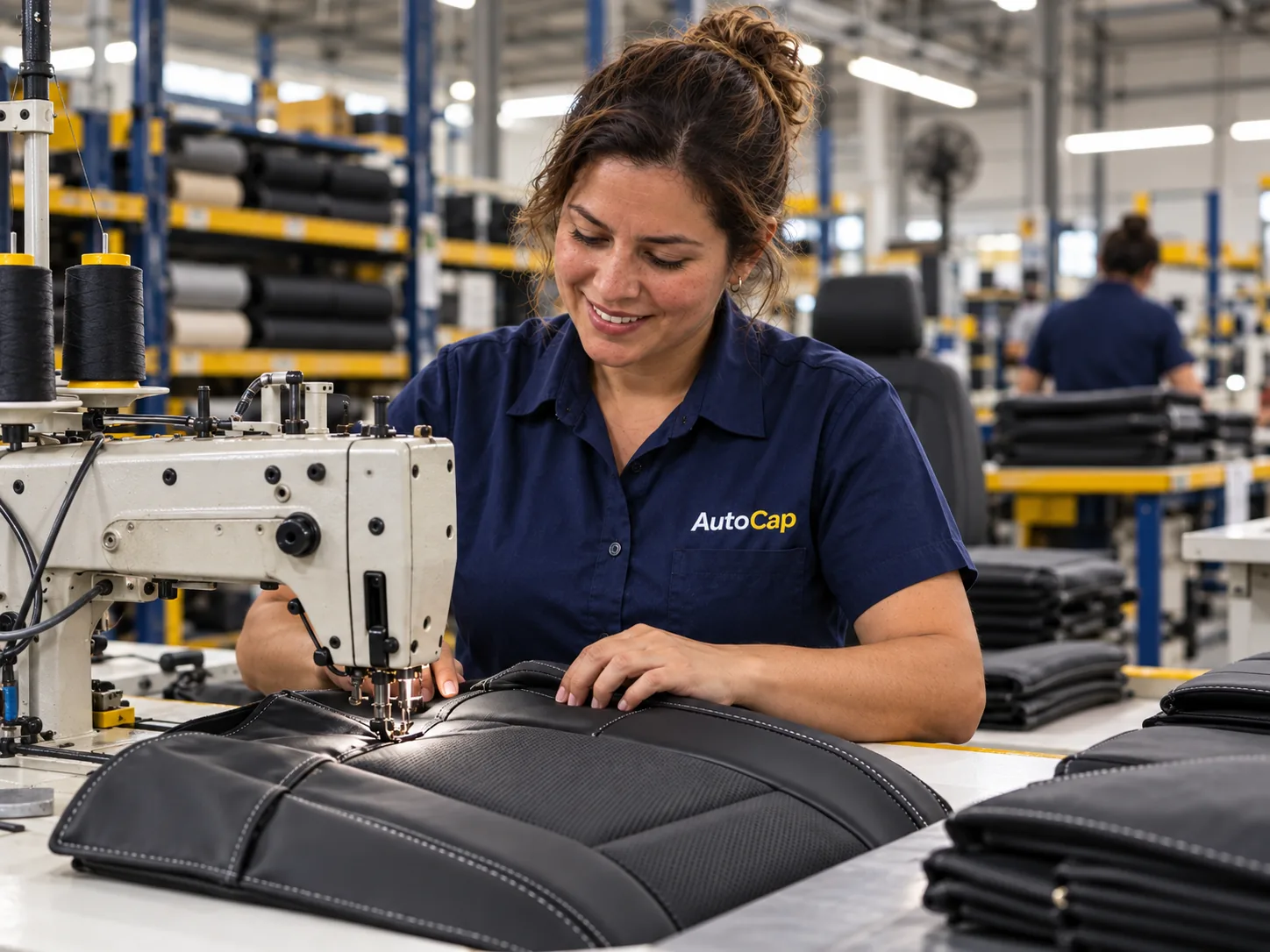 Costureira na máquina industrial costurando capa de banco na produção da AutoCap