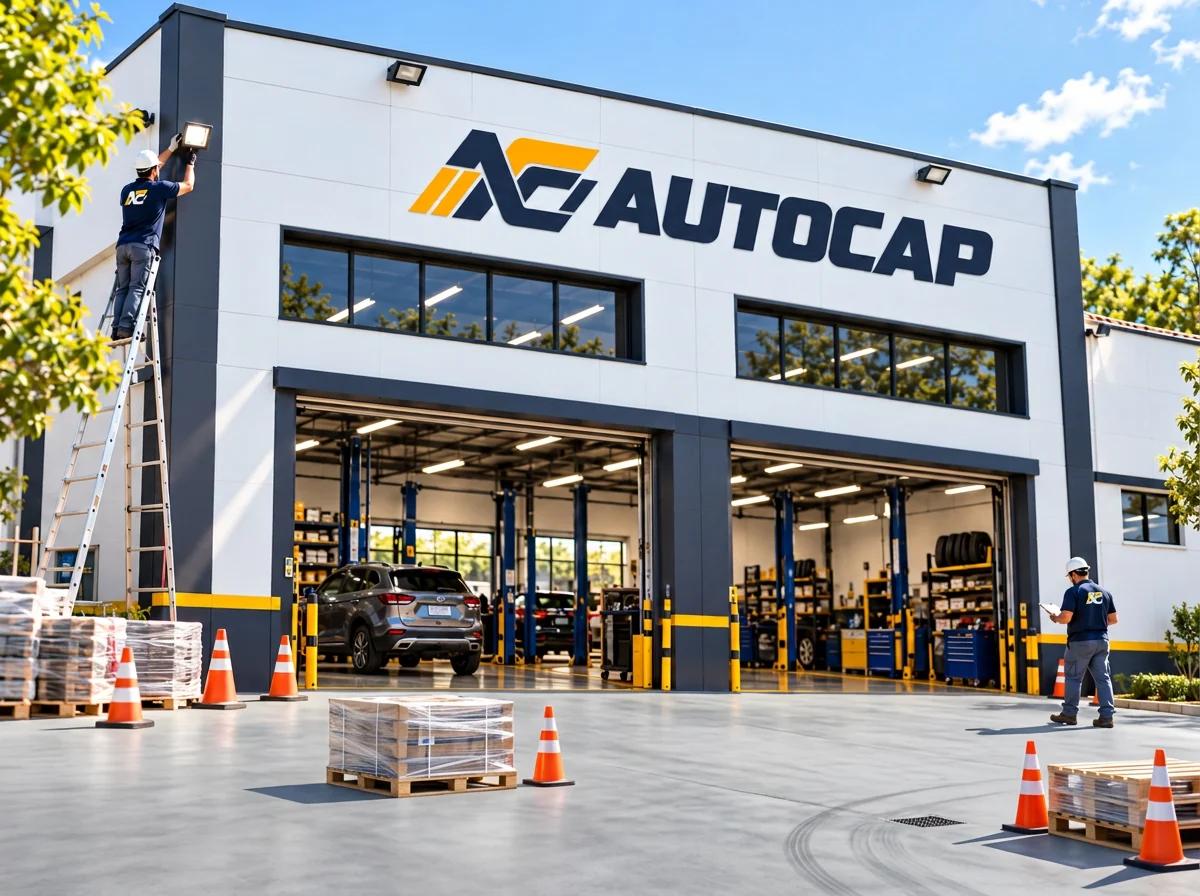 Fachada da fábrica da AutoCap em Campo do Meio, com equipe instalando a sinalização