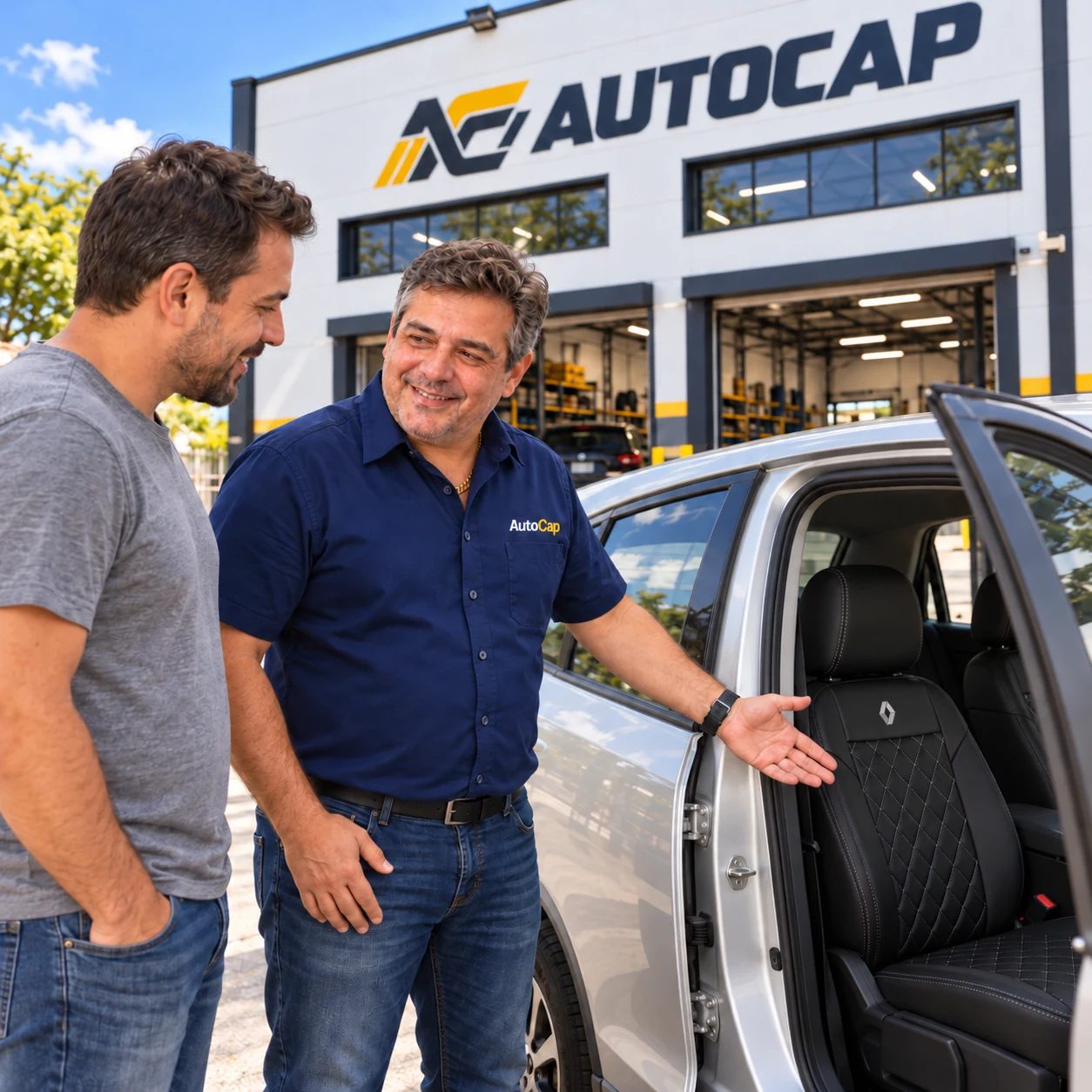 Flávio ao lado do cliente e do carro prata com a porta aberta, com a logo Renault bordada no banco